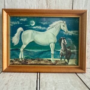 Vintage White Horse and Foal Framed Equestrian Print Western MCM Moonlight 6x8